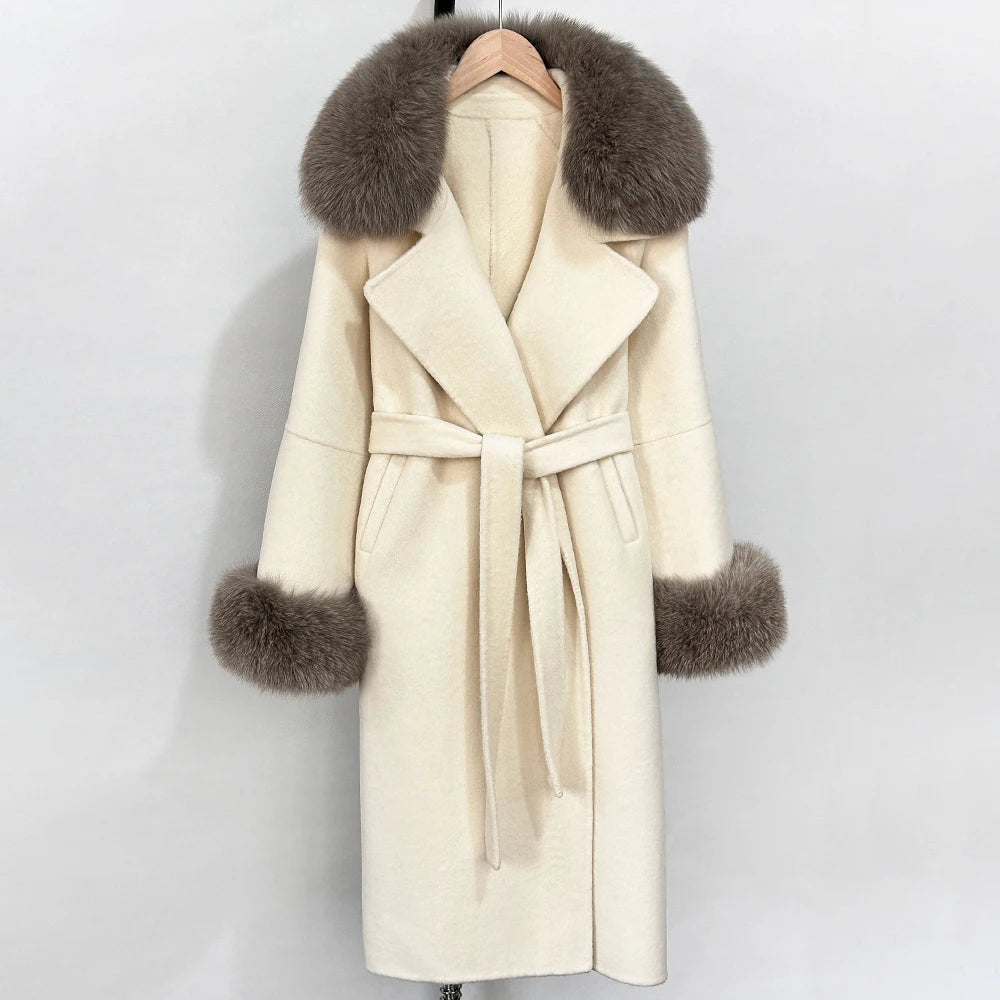OFTBUY Fashion Warm Wool Coat with Real Fox Fur Collar New Autumn Winter Long Clothing Women Belt Elegant Woolen Jcacket Female
