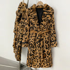 OFTBUY Luxury Leopard Print Real Rabbit Fur Long Coat - Wide Notched Lapel Belted Waist Genuine Rabbit Fur Winter Trench Coat