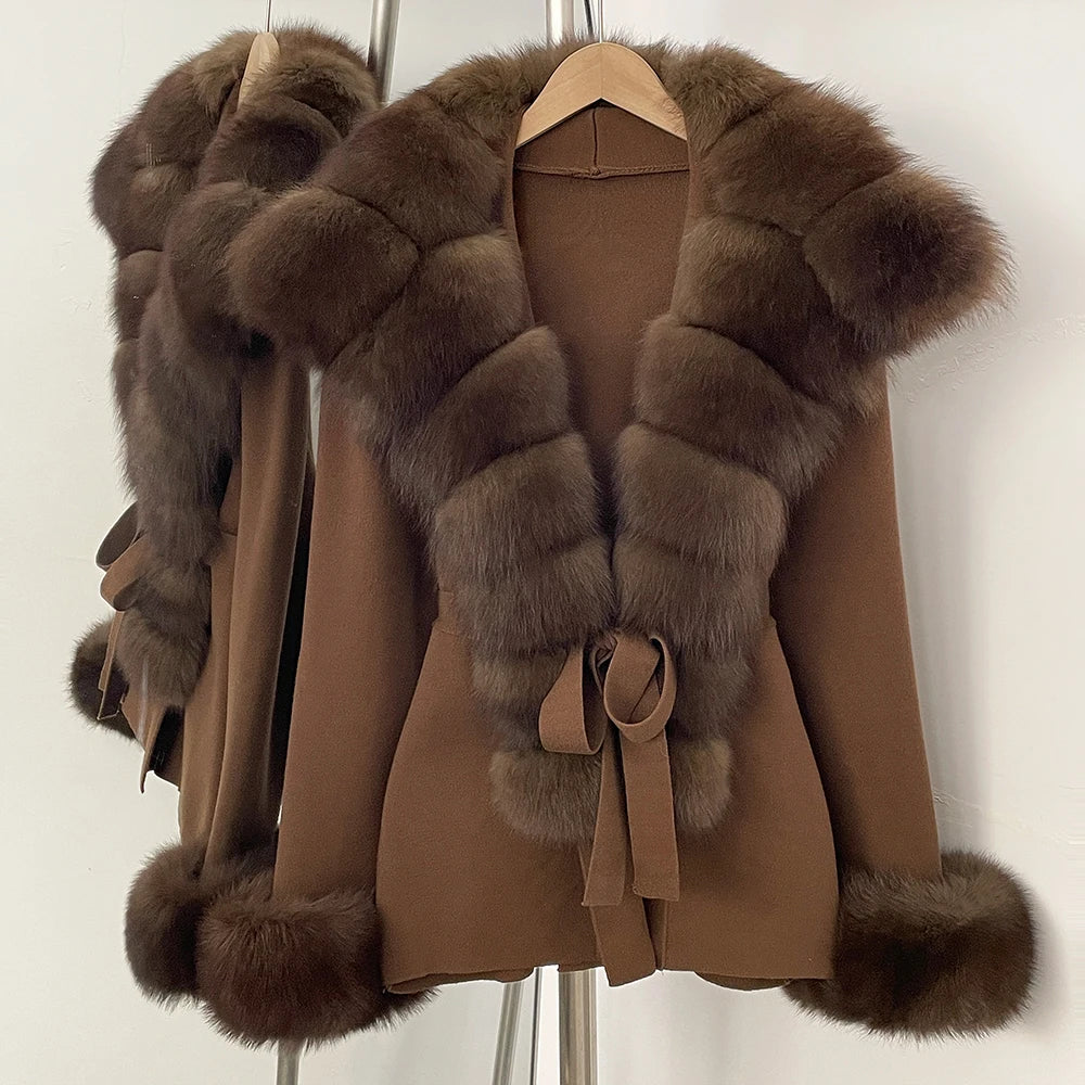 OFTBUY cardigan women Sweater Female New Women's Knit Coat with Real Fox Fur collar Belt Luxury Warm Winter Fashion Outerwear