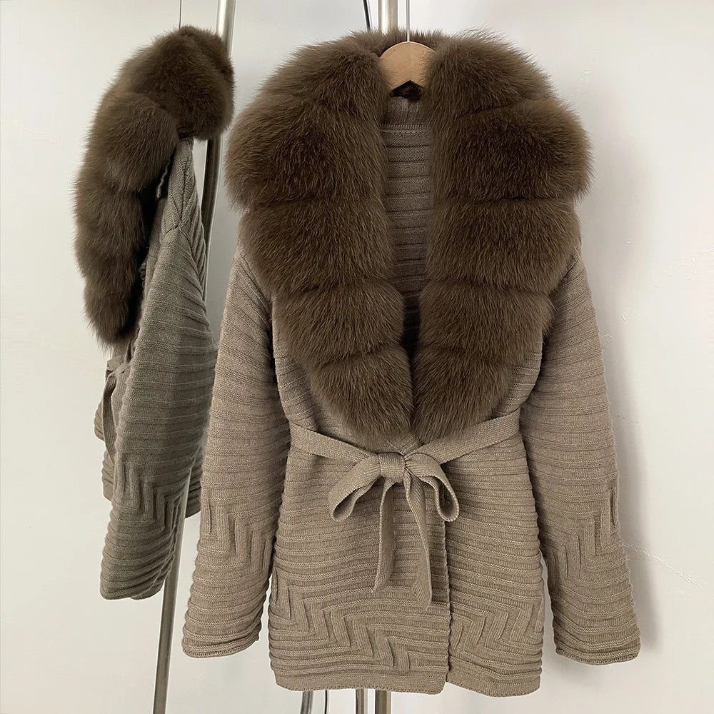 OFTBUY New Women's Knit Coat with Large Real Fox Fur Collar Belted Waist Striped Texture Pockets Winter Luxury Elegant Outerwear