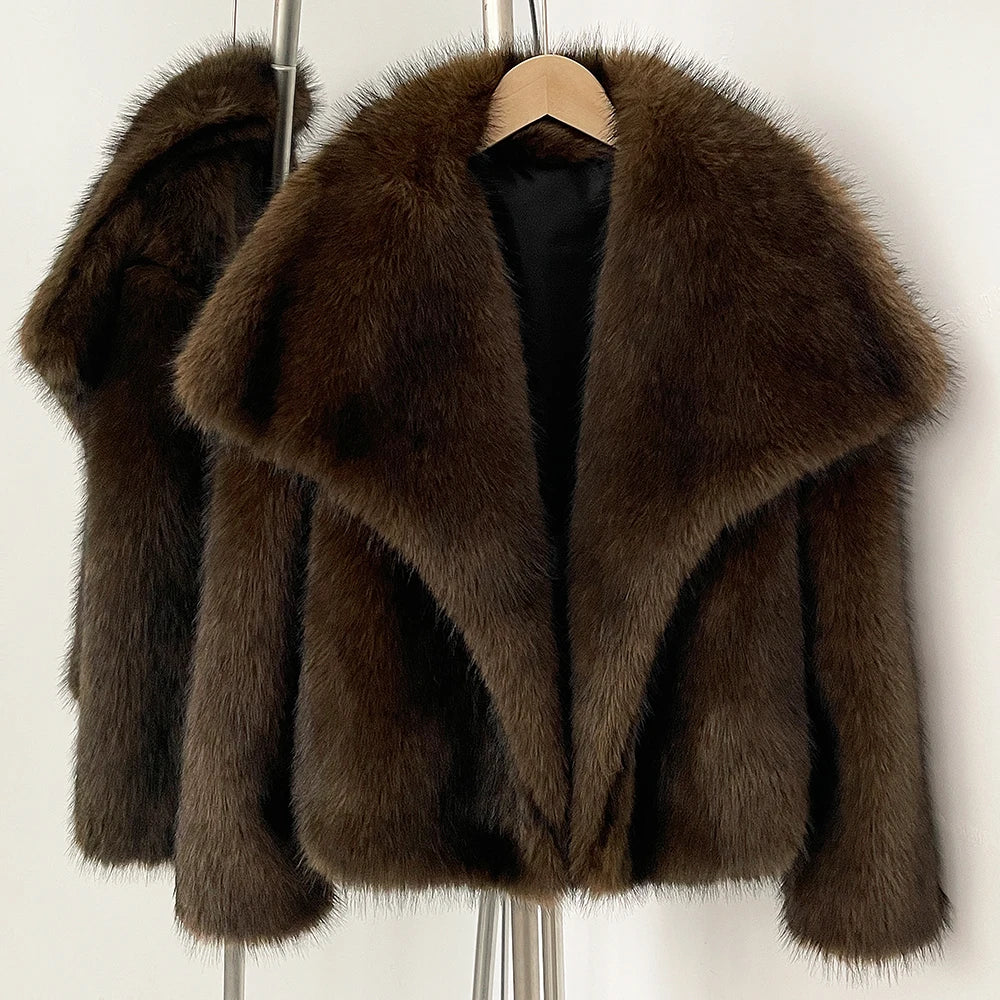 OFTBUY High Street Luxury Big Fur Collar Faux Fox Fur Jacket Female Overcoats Winter Clothes New Fashion Gradient Fluffy Fur Coat Women