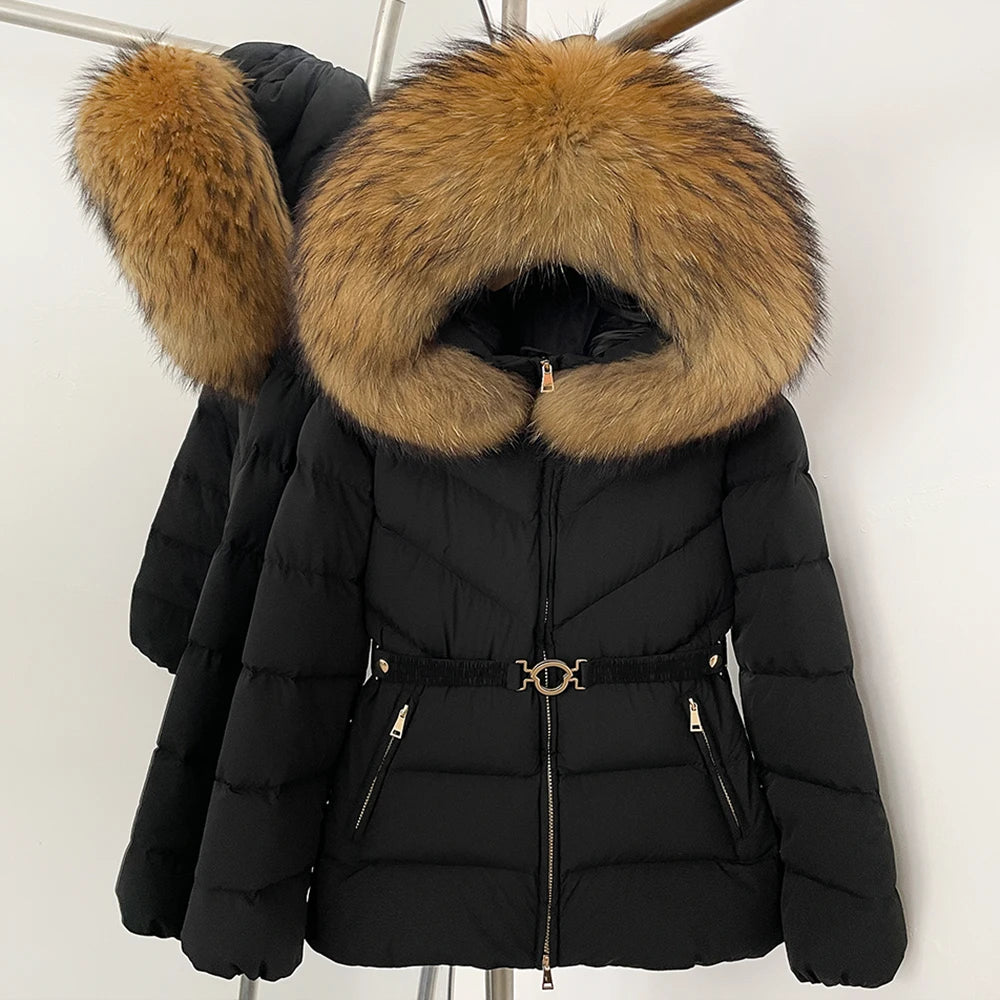 OFTBUY Belt Slim Hooded Real Fox Fur Collar Jacket Female New Winter Top Clothing Women Thickened Warm Raccoon Fur Fluffy Coat