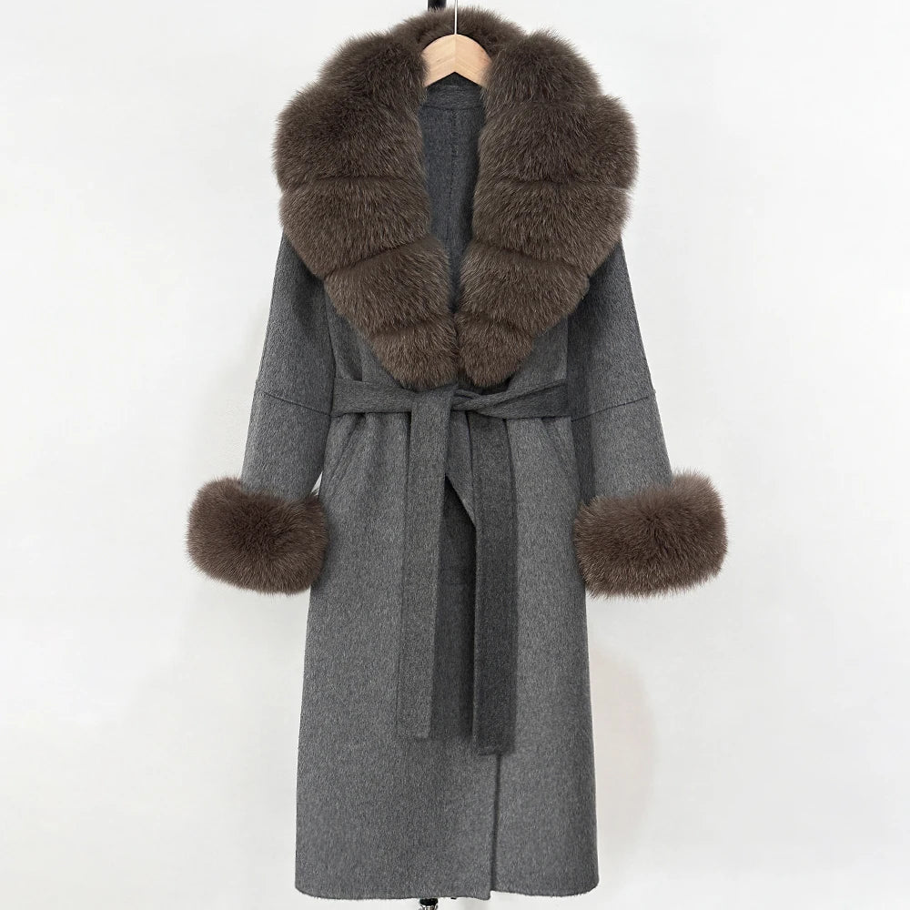 OFTBUY New Women's Double-Faced Wool Coat with Large Real Fox Fur Belted Warm Winter Luxury Fashion Outerwear Woolen Jacket Lady