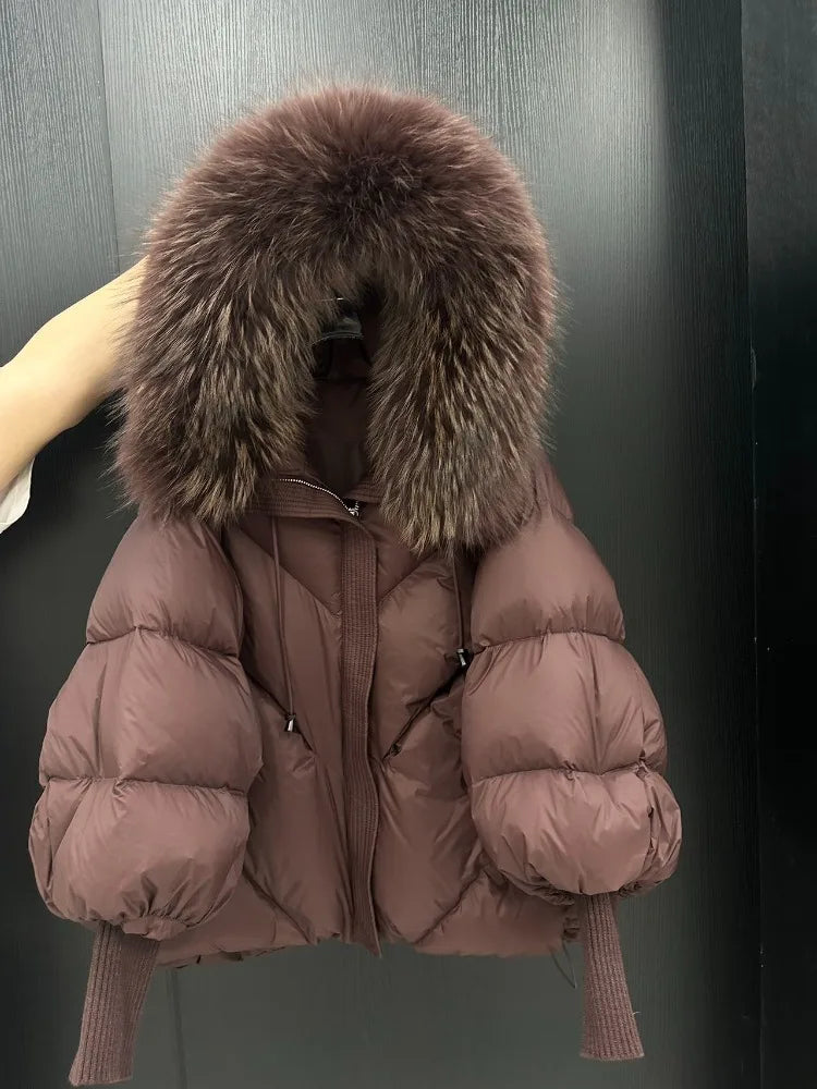 OFTBUY New Winter Large Real Fur Hooded Puffer Jacket Women Thicken Warm Knitted Sleeve Coat Lady White Duck Down Mid Long Parka