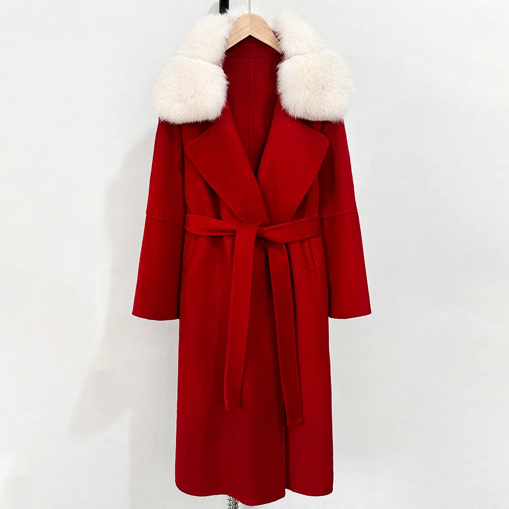 OFTBUY Belted Long Warm Winter Elegant Fashion Outerwear New Women's Double-Faced Wool Coat with Real Fox Fur Collar