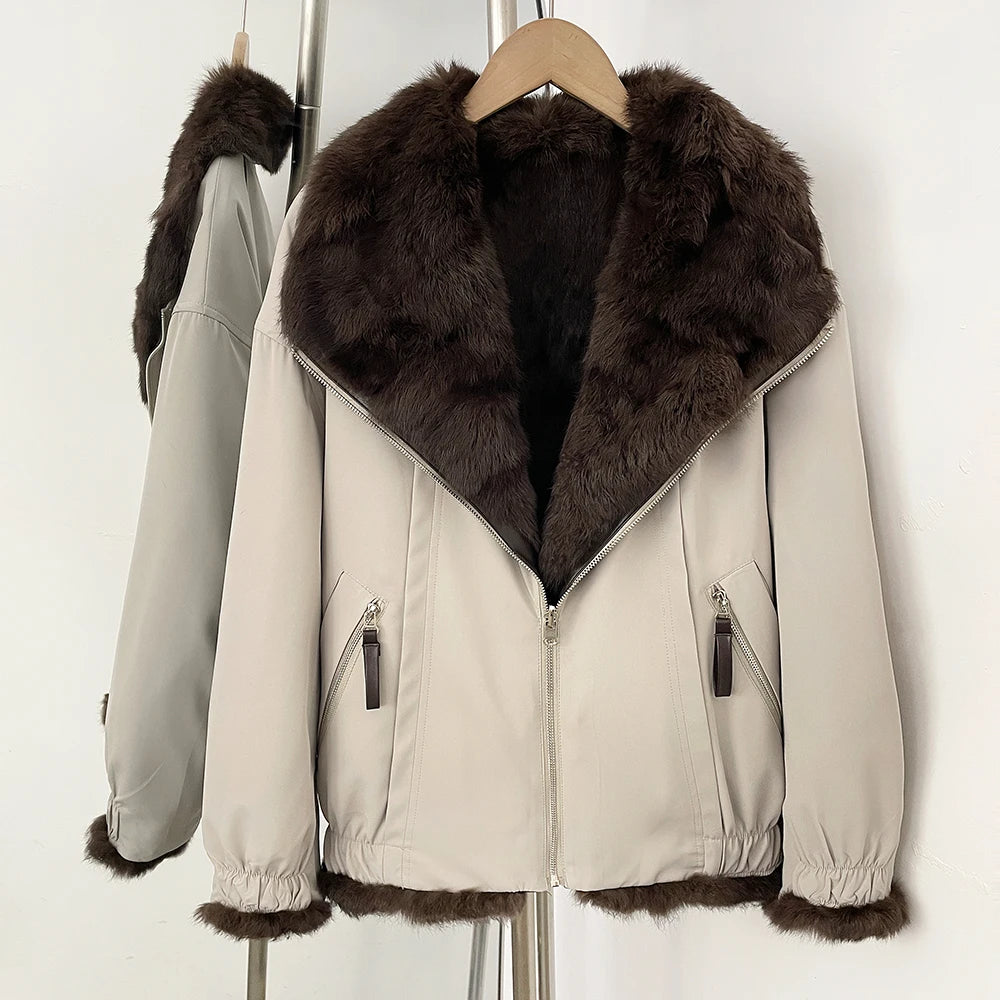 OFTBUY Reversible Real Rabbit Fur Lined Short Bomber Jacket - Oversized Wide Genuine Fox Fur Collar Windproof Outer Shell Winter Coat