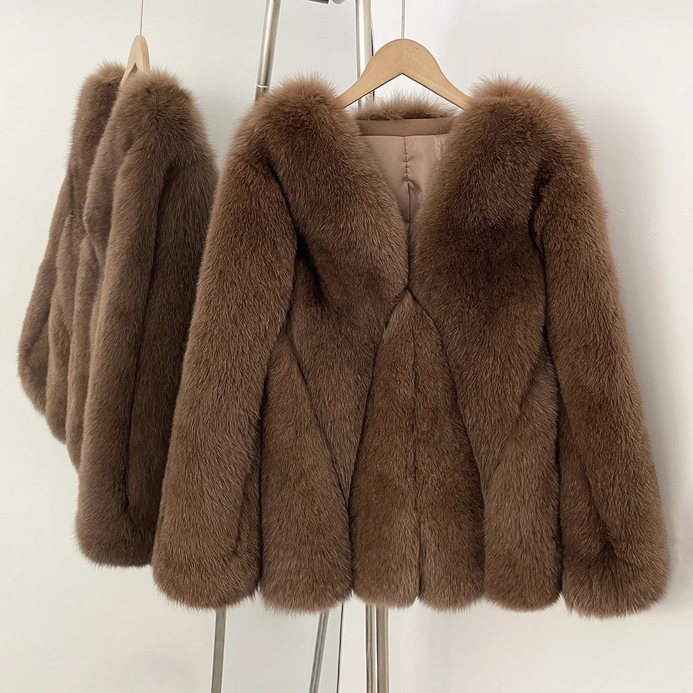 OFTBUY New Women's Real Fox Fur Coat V-Neck Textured Design Warm Winter Elegant Luxury Fashion Outerwear Natural Fur Jacket Lady