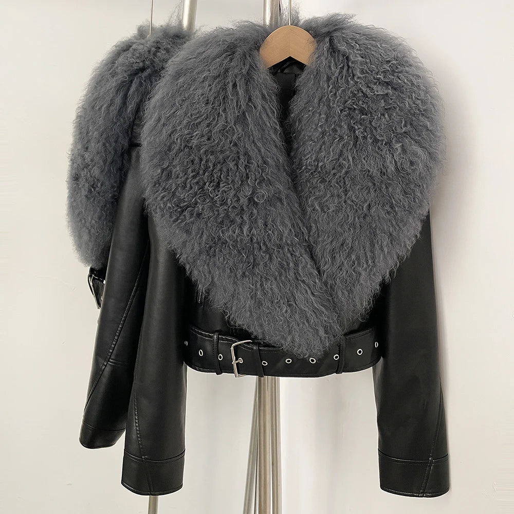 OFTBUY New Autumn Winter Clothes Women Fashion Warm Short Faux Leather Jacket Female Luxury Real Mongolia Sheep Fur Collar Coat