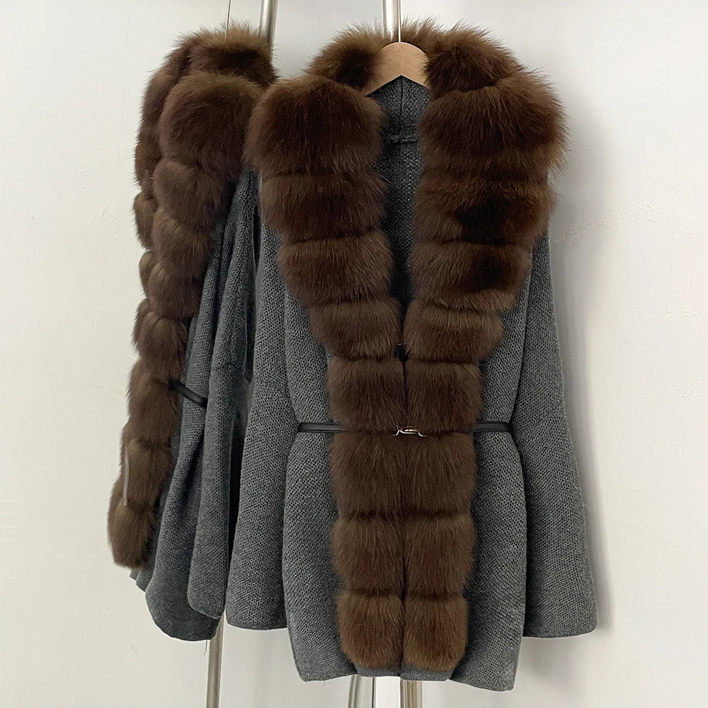 OFTBUY Metal Belt Knit Warm Winter Luxury Fashion Outerwear Sweater Cardigan New Women's Knit Coat with Full Real Fox Fur Front