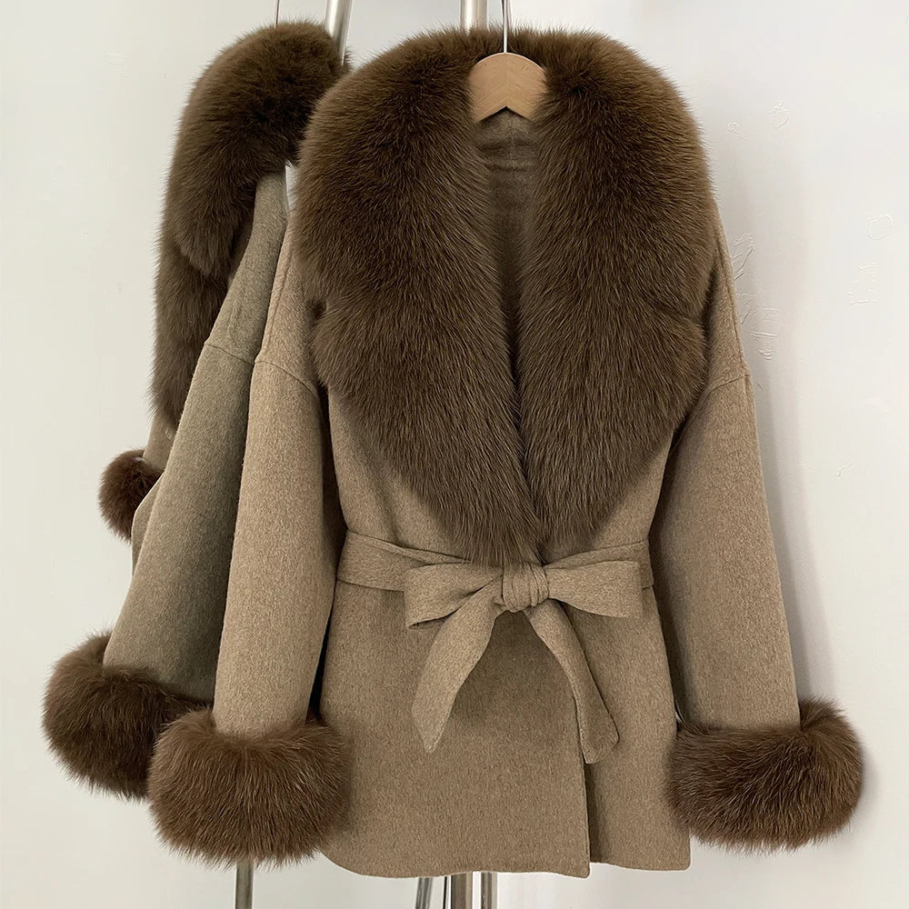 OFTBUY New Women's Double-Faced Wool Coat with Large Real Fox Fur Collar Cuffs Belted Warm Winter Elegant Fashion Outerwear Lady