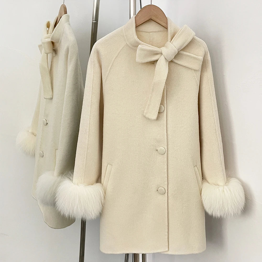 OFTBUY Warm Long Sleeves Woolen Jacket Female New Autumn Winter Clothes Women Fashion 100% Wool Coat with Real Fox Fur Cuffs =