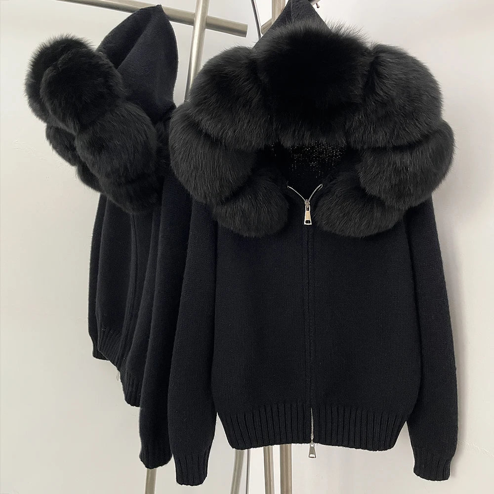 OFTBUY Luxury Knitted Zip-Up Hoodie with Oversized Real Fox Fur Hood - Premium Apres-Ski Luxe Loungewear