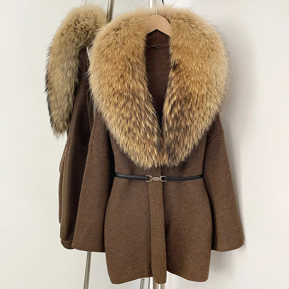 OFTBUY New Autumn Winter Luxury Fashion Outerwear Lady Women's Knit Coat with Large Real Fox Fur Collar Belt Textured Knit Warm