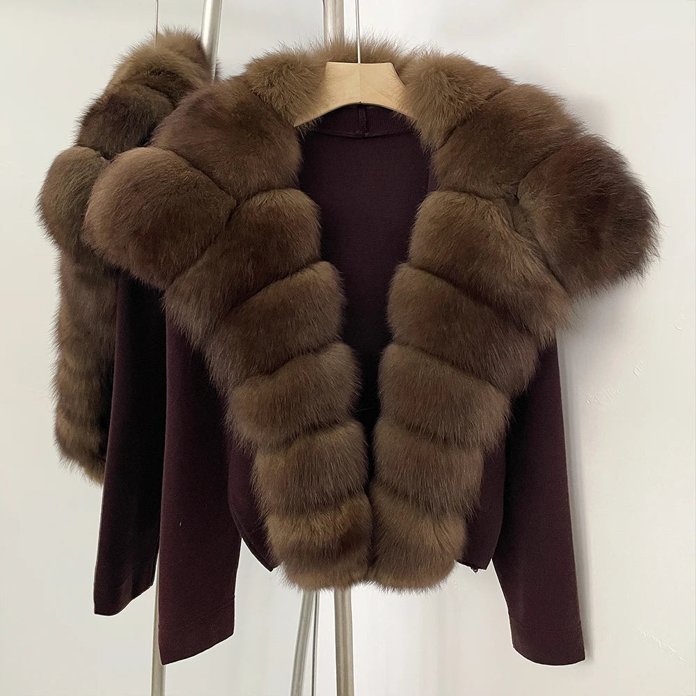 OFTBUY Women's Short Cardigan with Big Real Fox Fur Collar New Autumn Winter Knit Clothing Female Natural Fur Warm Sweater Lady