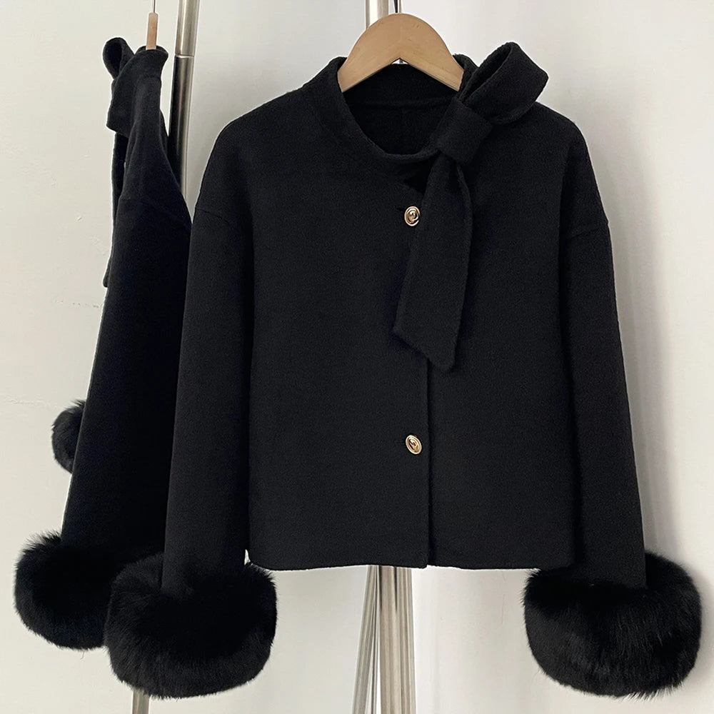 OFTBUY Winter New Style Bowcroppedsleeve Opening Real Fox Fur Cuffs Wool Coat Double-sided Woolen Goods Overcoat Jacket Women