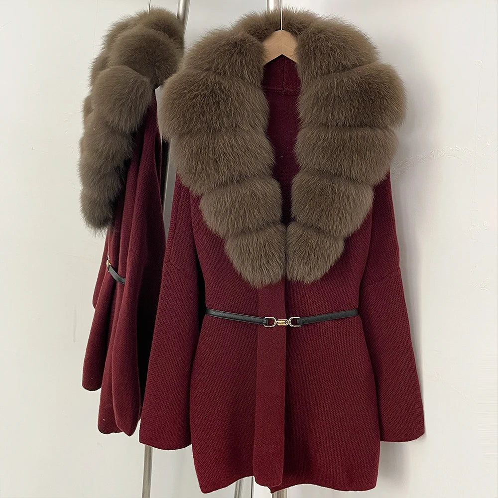 OFTBUY New Autumn Winter Luxury Fashion Outerwear Lady Women's Knit Coat with Large Real Fox Fur Collar Belt Textured Knit Warm