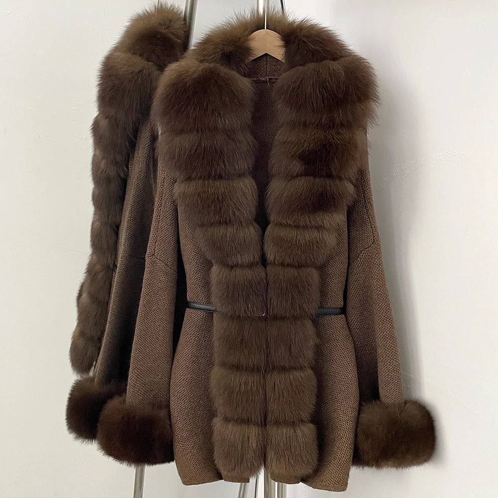 OFTBUY Belt Textured Knit Warm Winter Luxury Outerwear Female Sweater Cardigan New Women's Knit Coat with Large Real Fox Fur