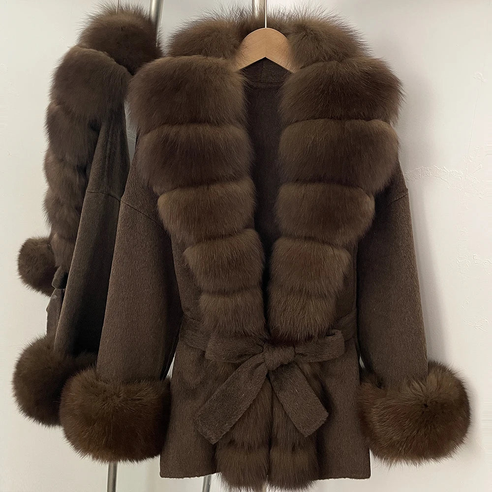 OFTBUY Big Natural Fox Fur Pinnacle 100% Wool Coat Female New Autumn Winter Clothes Women Belt Natural Fur Collar Woolen Jacket