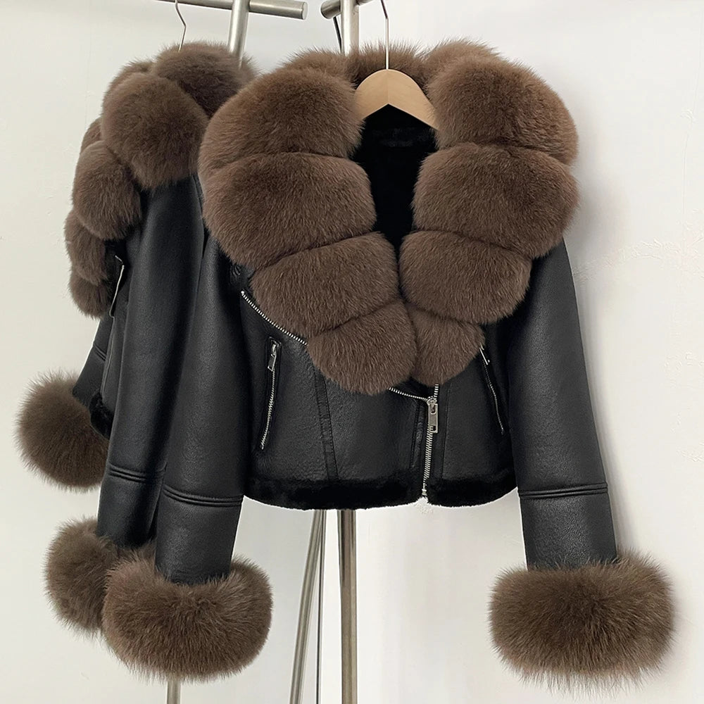 OFTBUY New Winter Real Fox Fur Collar and Cuffs Clothes Women Short Faux Leather Fake Fur Inner Jacket Female Thick Warm Coat