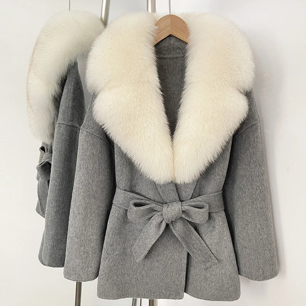 OFTBUY Belted Warm Winter Elegant Fashion Outerwear Lady New Women's Double-Faced Wool Coat with Large Real Fox Fur Collar Cuffs