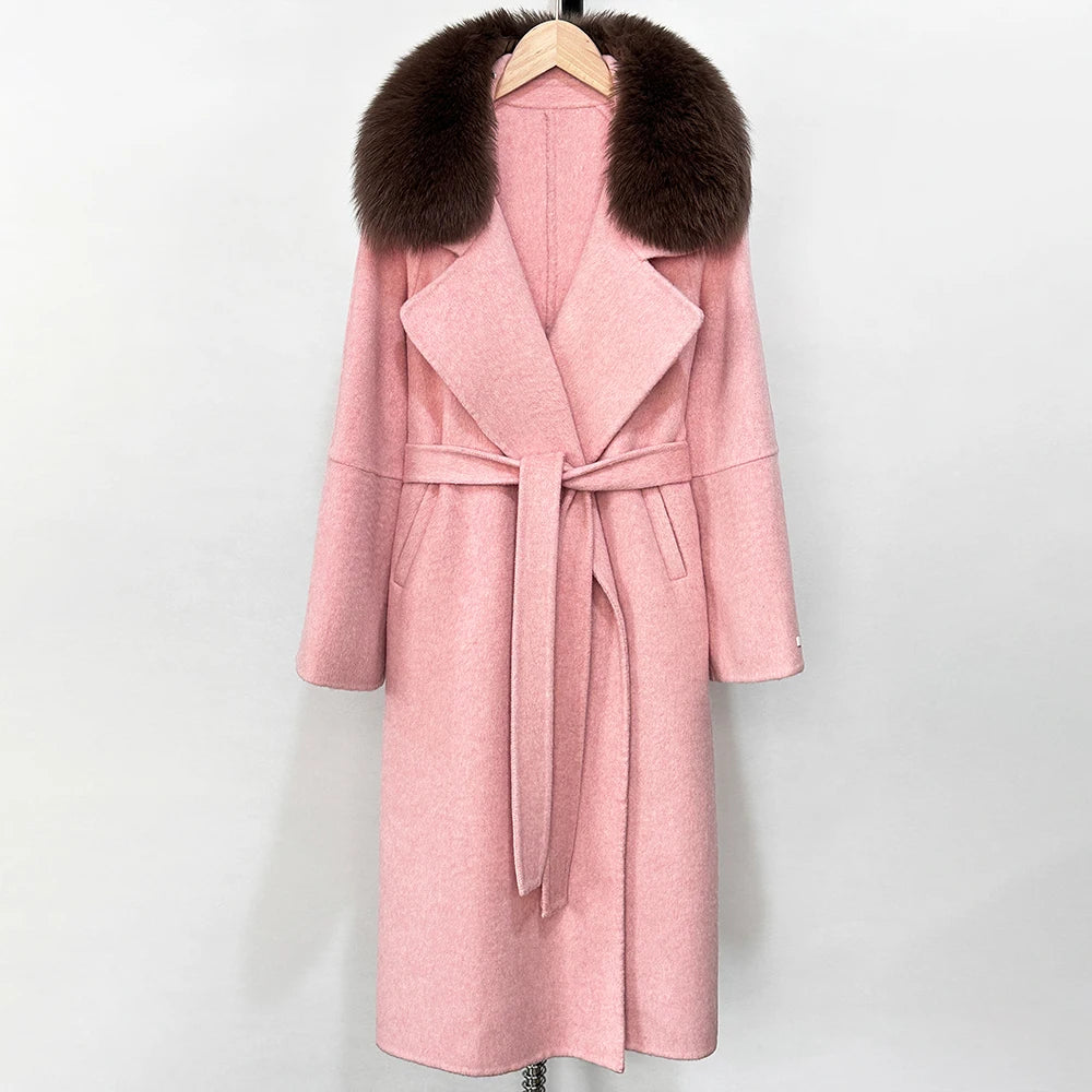OFTBUY New Autumn Winter Long Clothing Women Fashion Warm Wool Coat with Real Fox Fur Collar Belt Elegant Woolen Jcacket Female