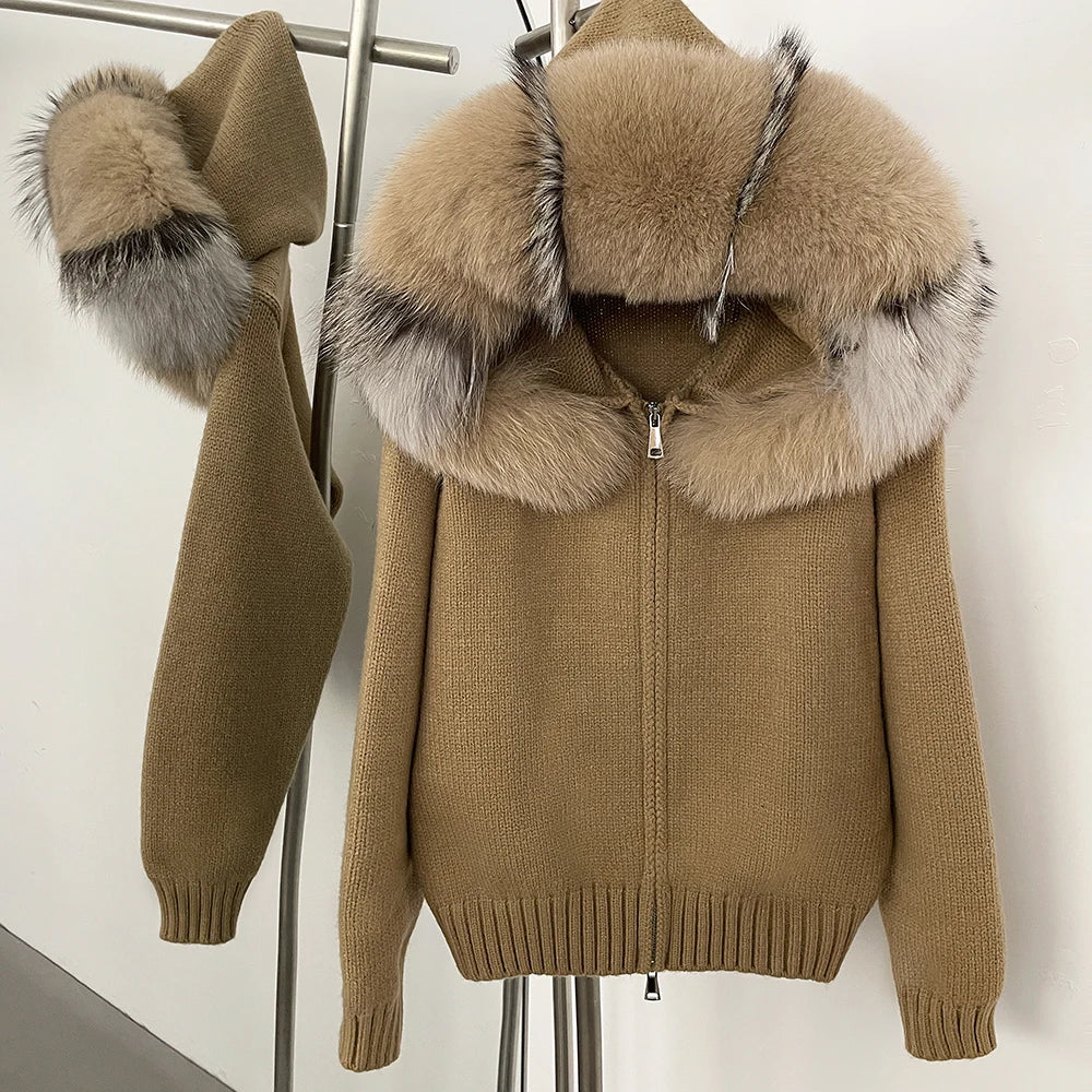 OFTBUY Luxury Knitted Zip-Up Hoodie with Oversized Real Fox Fur Hood - Premium Apres-Ski Luxe Loungewear