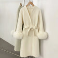 OFTBUY New Women's Double-Faced Wool Coat with Real Fox Fur Cuffs V-Neck Belted Bow Long Warm Winter Elegant Fashion Outerwear