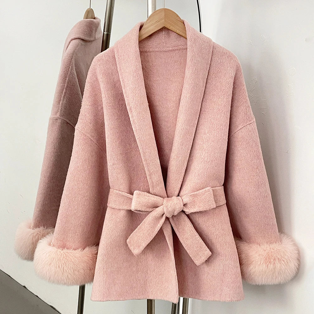OFTBUY Belted Warm Winter Elegant Fashion Outerwear Wool Jacket Lady New Women's Double-Faced Wool Coat with Real Fox Fur Cuffs