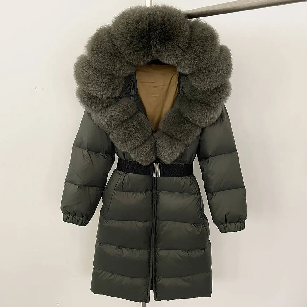 OFTBUY New Natural Thick Warm Duck Down Coat Female Long Winter Jacket Women Real Big Fox Fur Collar Belt Loose Puffer Parka