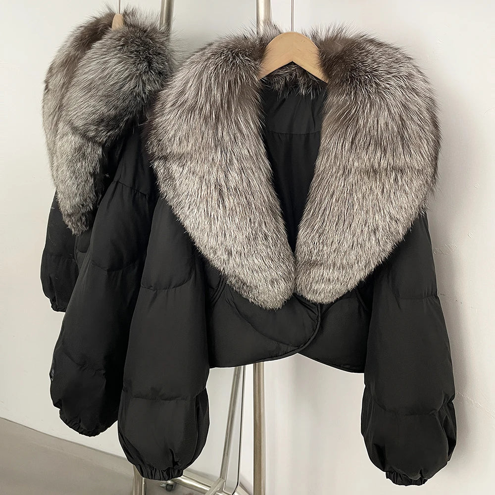 OFTBUY New Winter Real Fox Fur Short Puffer Jackets Women Natural Thick Warm 90% White Duck Down Cropped Loose Waterproof Coat