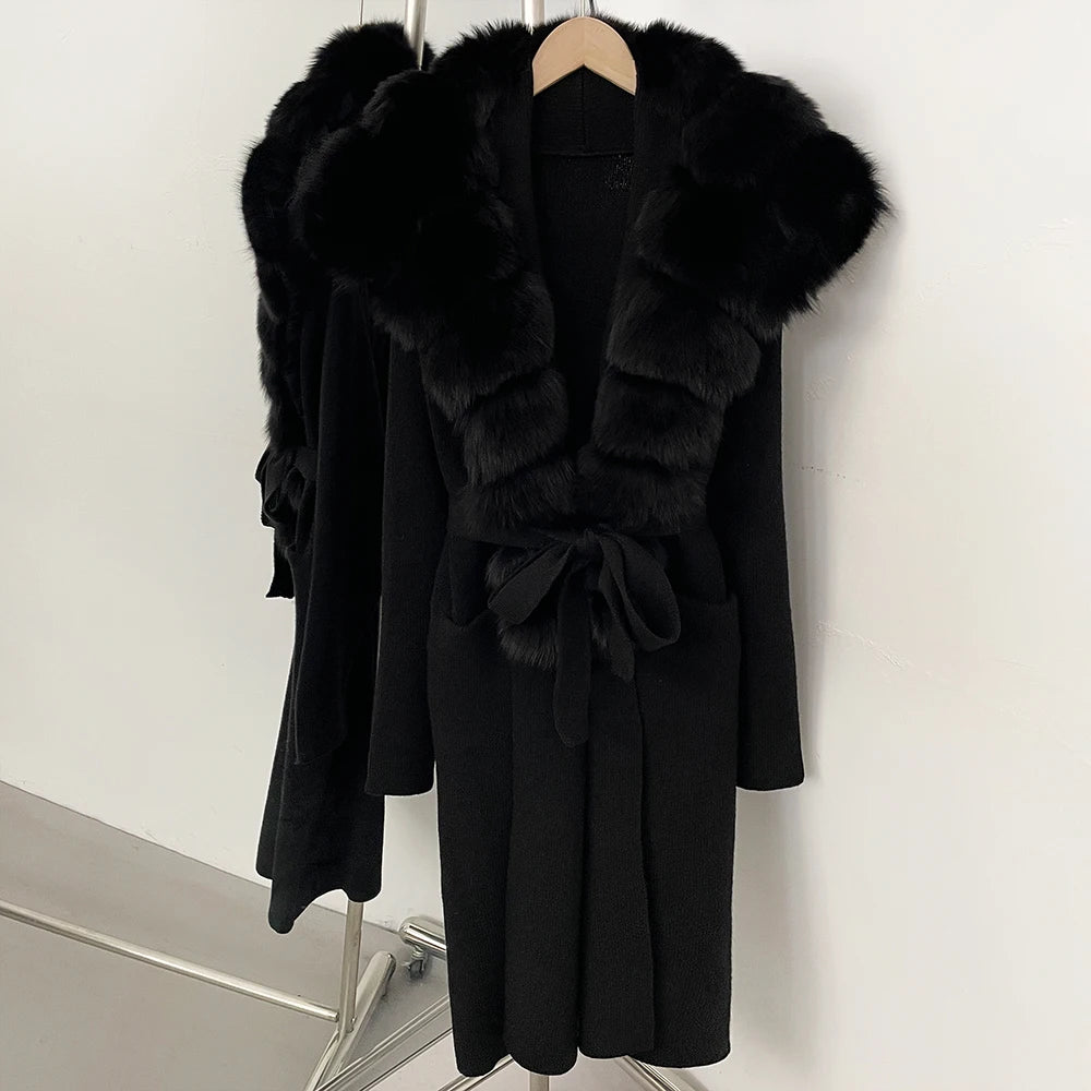 OFTBUY New Natural Fur Collar Long Knit Jacket Women Atrumn Winter Top Clothing Female Fashion Warm Belt Real Fox Fur Cardigan
