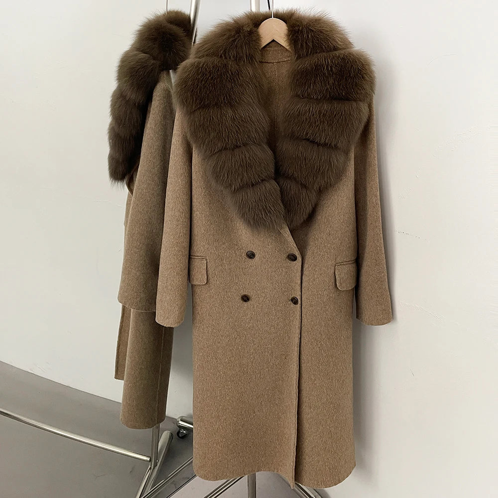 OFTBUY Woolen Coat Female Women's Luxury Double-Faced Wool Jacket Winter Oversize Real Fox Fur Double Breasted Elegant Outerwear