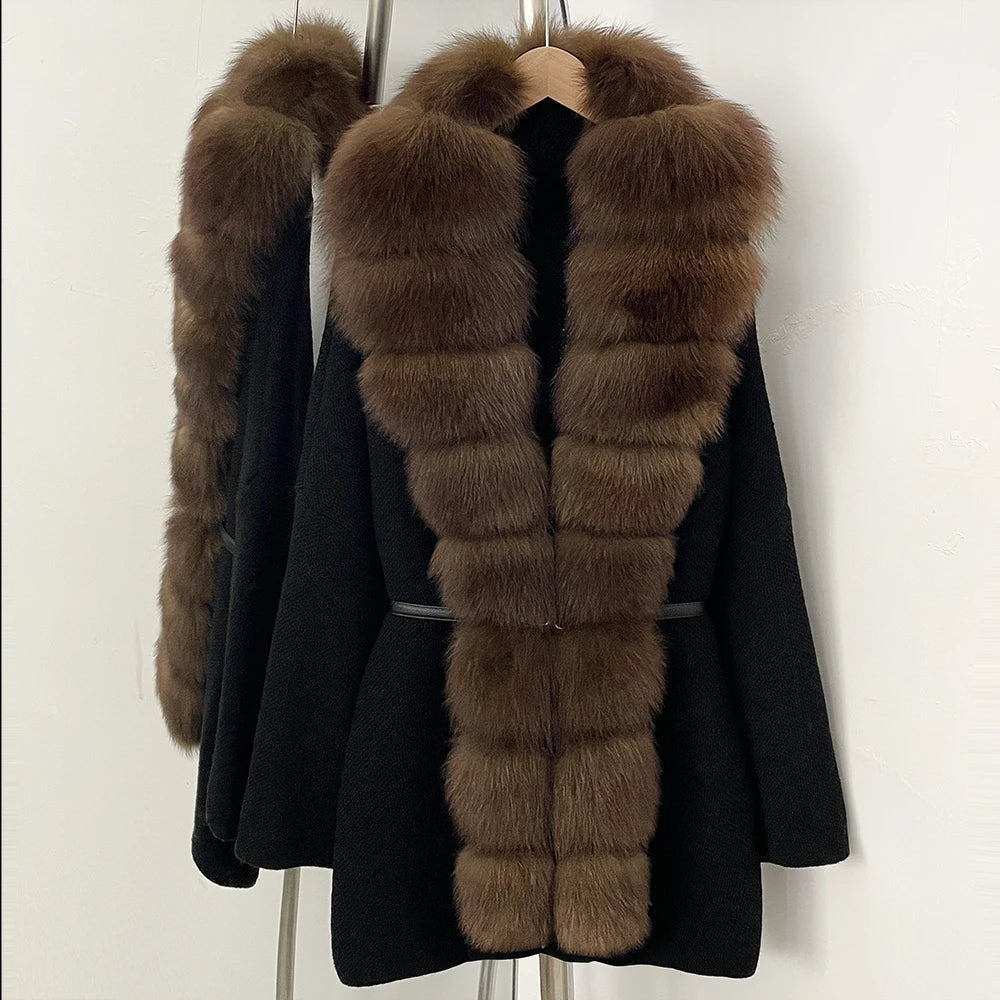 OFTBUY Metal Belt Knit Warm Winter Luxury Fashion Outerwear Sweater Cardigan New Women's Knit Coat with Full Real Fox Fur Front