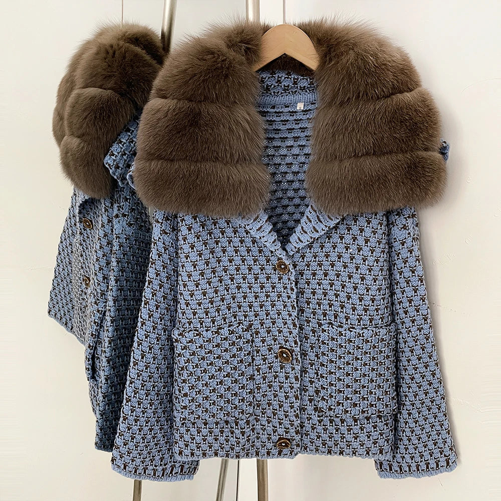 OFTBUY Women's Real Fox Raccoon Fur Collar Houndstooth Knit Cardigan Warm Winter Sweater Coat Female Luxury Elegant Outerwear