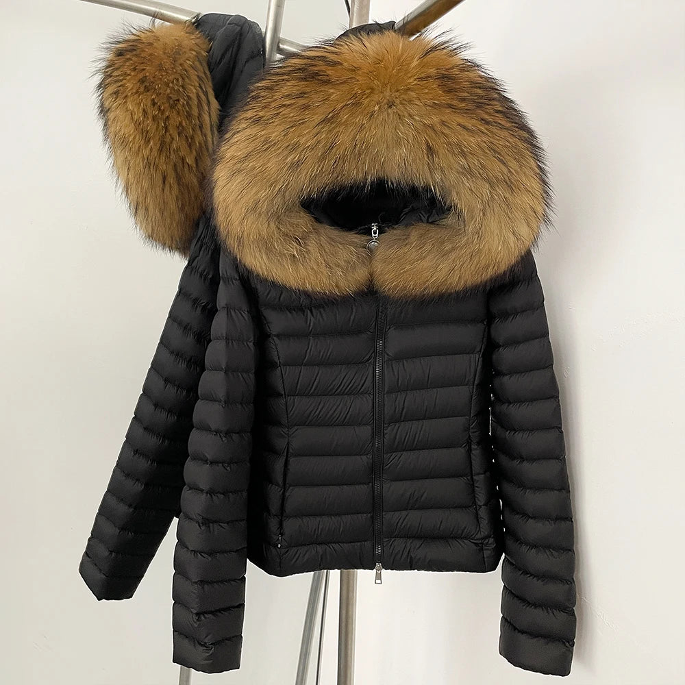 OFTBUY Hooded Slim Real Fox Fur Collar Fluffy Puffer Jacket Women New Winter Short Top Clothing Female Fur White Duck Down Coat