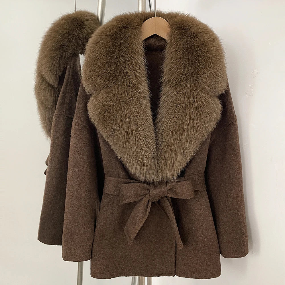 OFTBUY Belted Warm Winter Elegant Fashion Outerwear Lady New Women's Double-Faced Wool Coat with Large Real Fox Fur Collar Cuffs