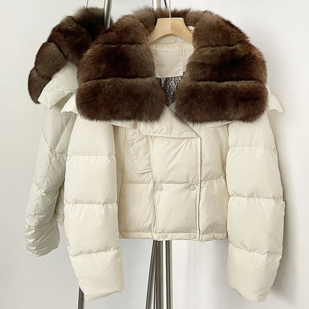 OFTBUY New Short Winter Clothing Women Thickened Warm Fluffy Raccoon Fur Puffer Jacket Female Real Fox Fur Collar Down Coat