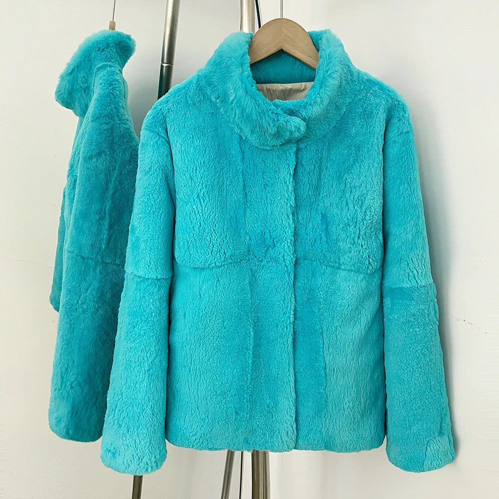 OFTBUY Women's Luxury Real Rabbit Fur Coat Stand Collar Fur Jacket Female New Warm Autumn Winter Outerwear for Cold Weather