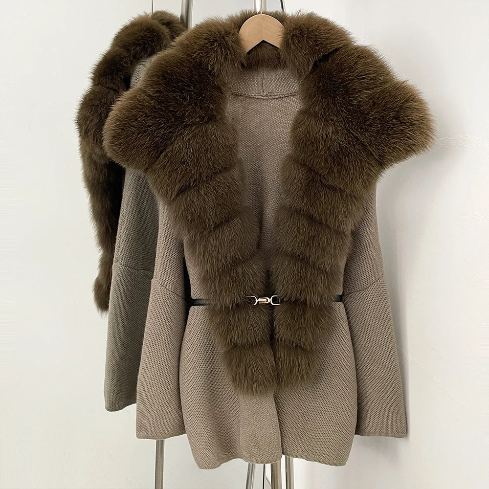 OFTBUY Fashion Belt Warm Sweater Female Natural Fur Loose Cadigan Coat Women Medium Length Knit Jacket with Real Fox Fur Collar