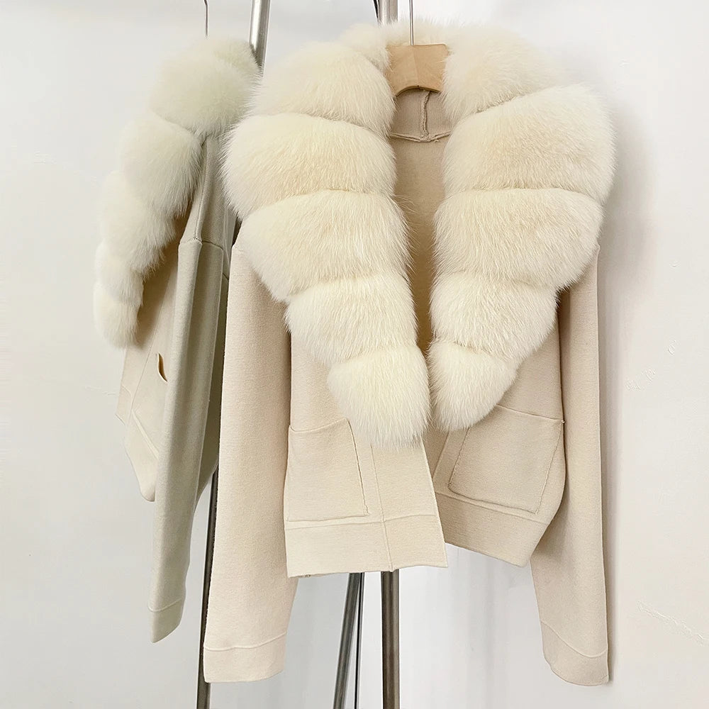 OFTBUY New Women's Knit Cardigan with Large Real Fox Fur Collar Loose Fit Warm Winter Fashion Lady Outerwear Sweater Female
