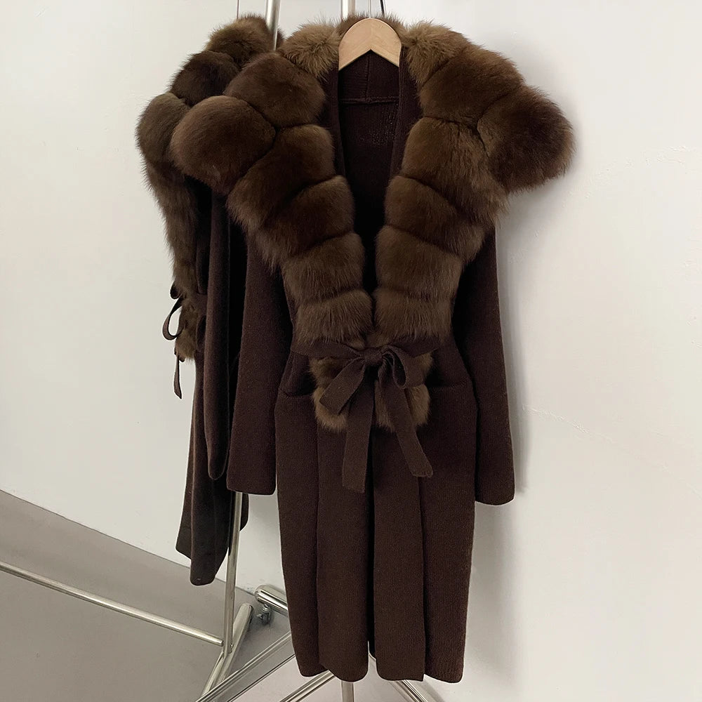 OFTBUY New Natural Fur Collar Long Knit Jacket Women Atrumn Winter Top Clothing Female Fashion Warm Belt Real Fox Fur Cardigan