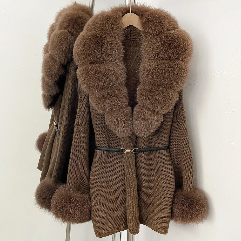 OFTBUY Belt Knit Warm Winter Luxury Casual Fashion Outerwear Sweater Female New Women's Knit Coat with Large Real Fox Fur Collar