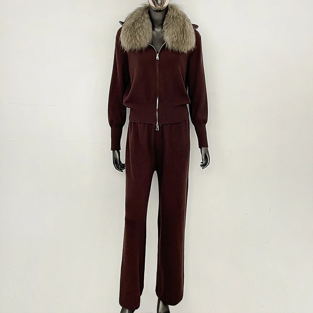 OFTBUY Winter New Women's Knitted Tracksuit Set with Fox Fur Collar Zipper Jacket Wide Leg Pants Luxury Casual Two-Piece Outfit