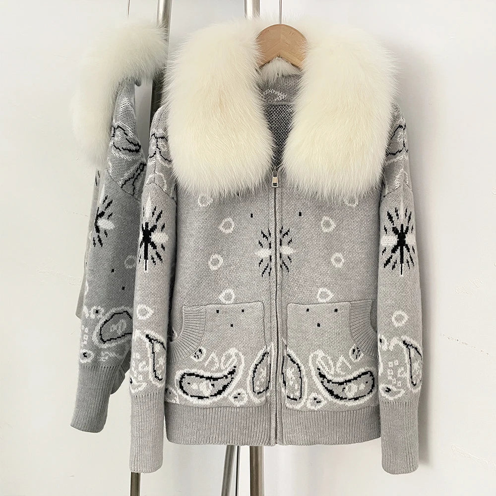 OFTBUY Women's Vintage Real Fox Fur Collar Knit Cardigan Paisley Print Zip Up Sweater Jacket Female Warm Winter Luxury Outerwear