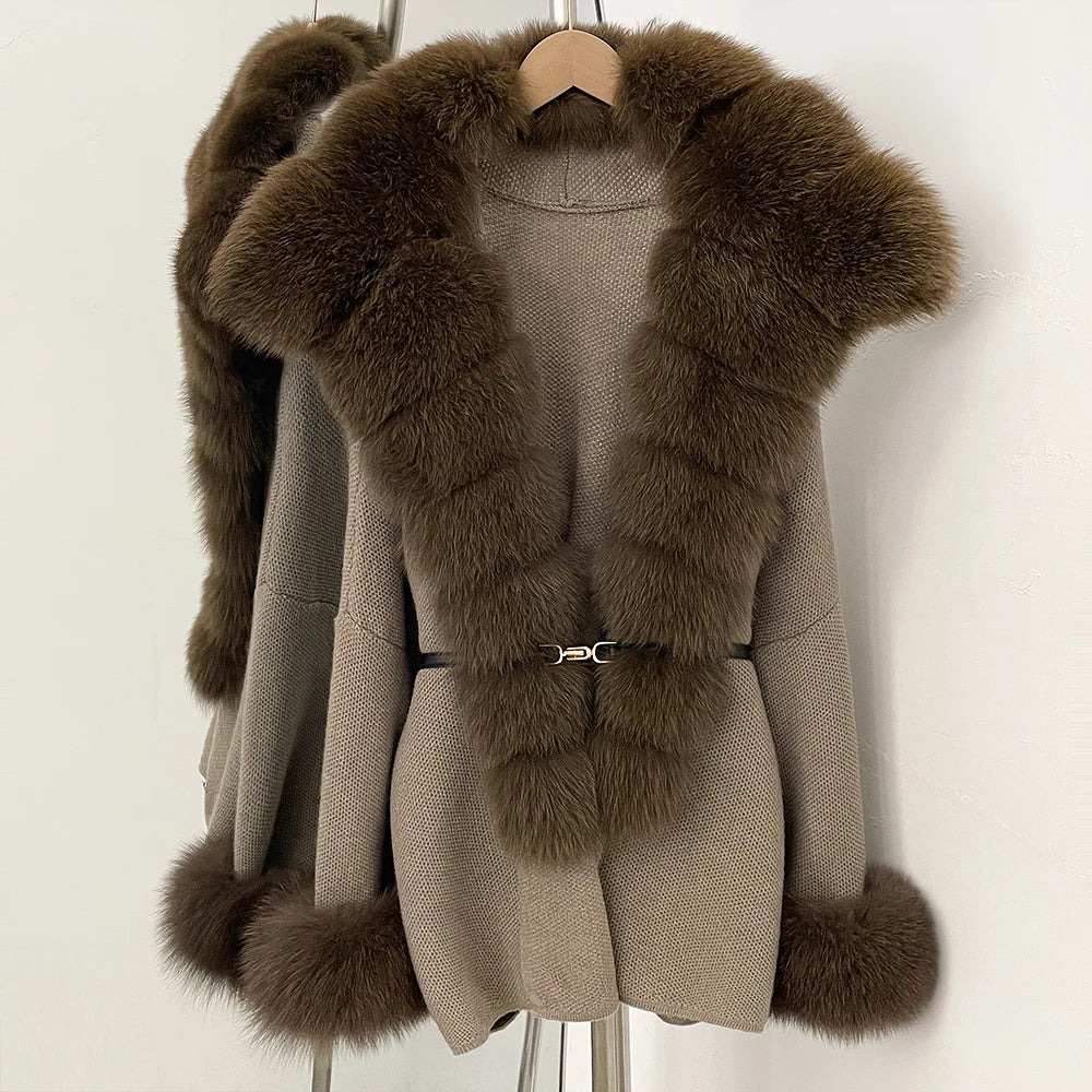 OFTBUY Belt Loose Fit Warm Winter Fashion Outerwear Natural Fur Sweater Female New Women's Knit Coat with Large Real Fox Fur