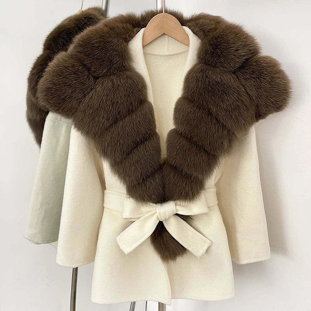 OFTBUY Belt Real Fox Fur Wool Coat Female New Autumn Winter Warm Clothes Women Natural Fox Fur Collar Cashmere Woolen Jacket