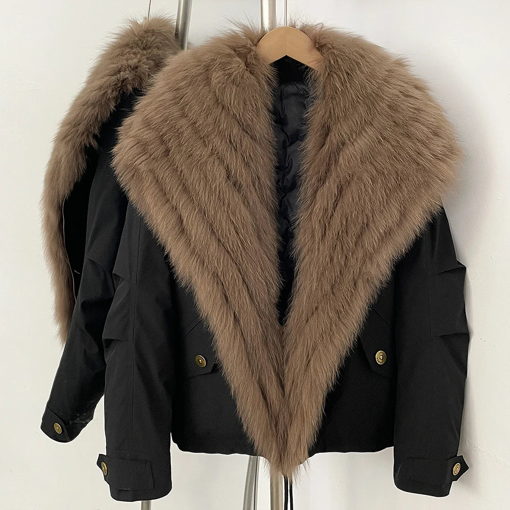 OFTBUY Luxury Wide Real Fox Fur Collar 90% Duck Down Short Parka Jacket - Cargo Pocket Windproof Down Coat