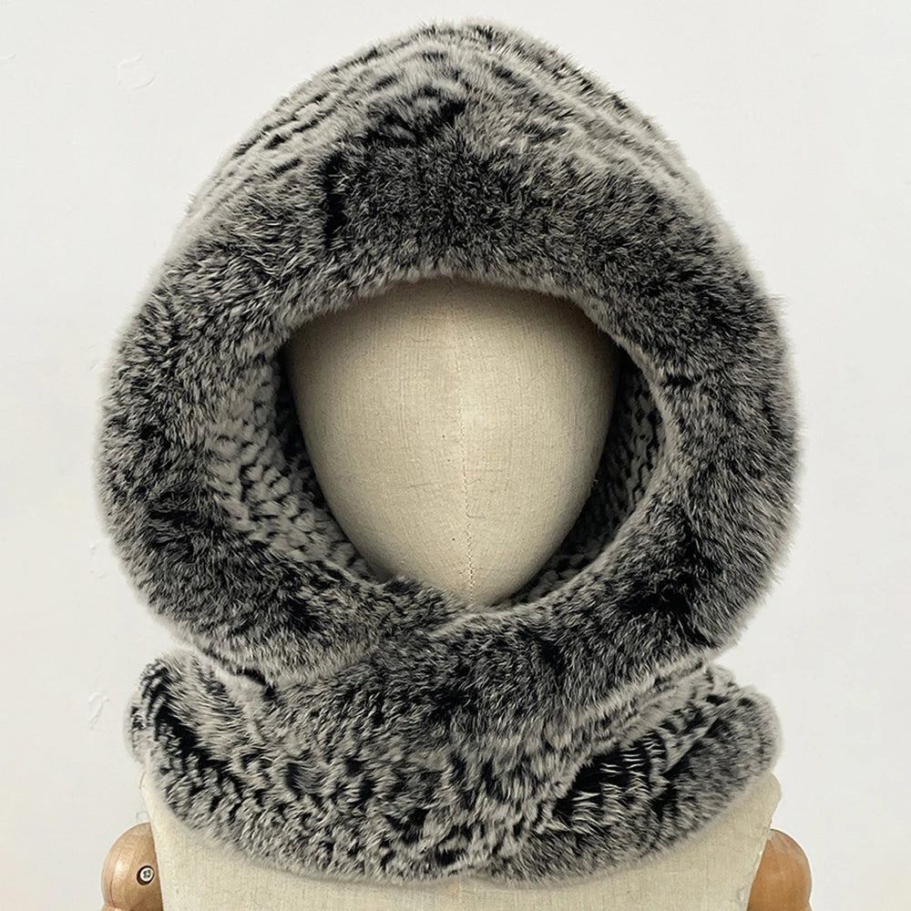 OFTBUY Thick Warm Windproof Natural Rabbit Fur Hat with Scarf Women New Winter Cute Cycling Cap Child Fluffy Rea Fur Neckerchief