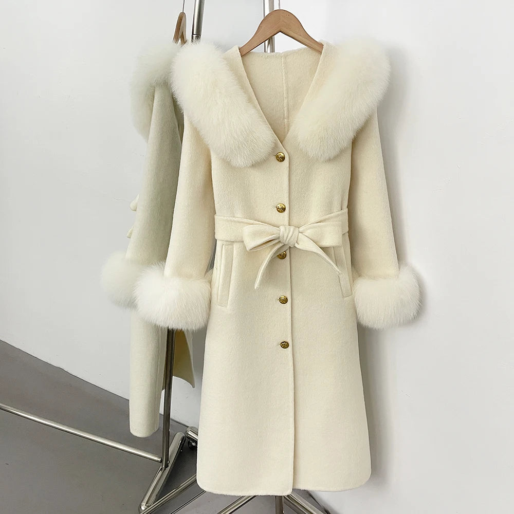 OFTBUY New Women's Wool Coat with Real Fox Fur Collar Cuffs Belted Waist Gold Button Elegant Winter Luxury Outerwear Female