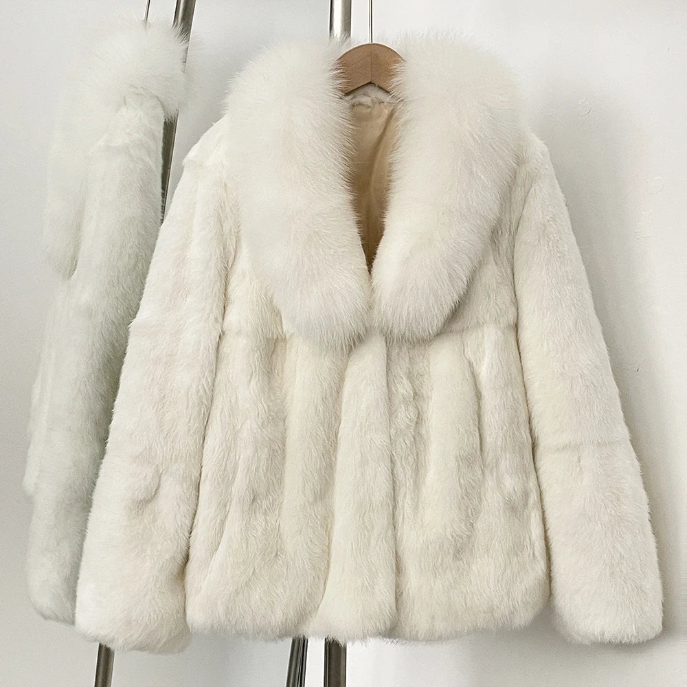 OFTBUY Natural Rabbit Fur Coat Female New Thickened Warm Top Clothing Women Fashion Fluffy Real Fox Fur Collar Jacket Lady